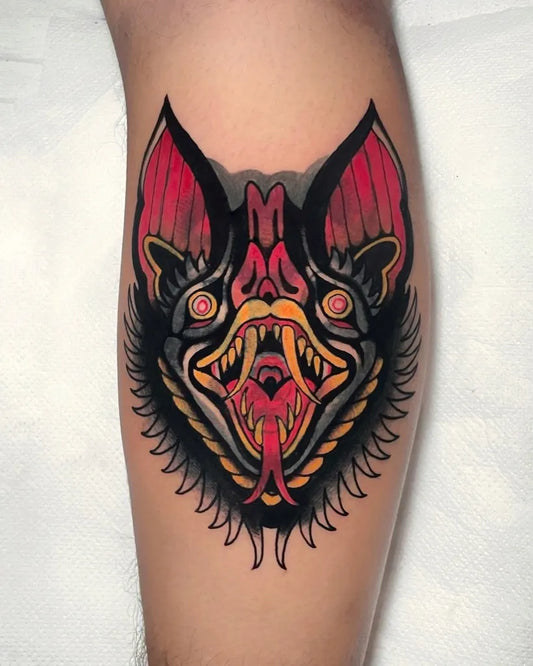 Medium Neo Traditional Bat Tattoo on Men Thigh by @simonesbam