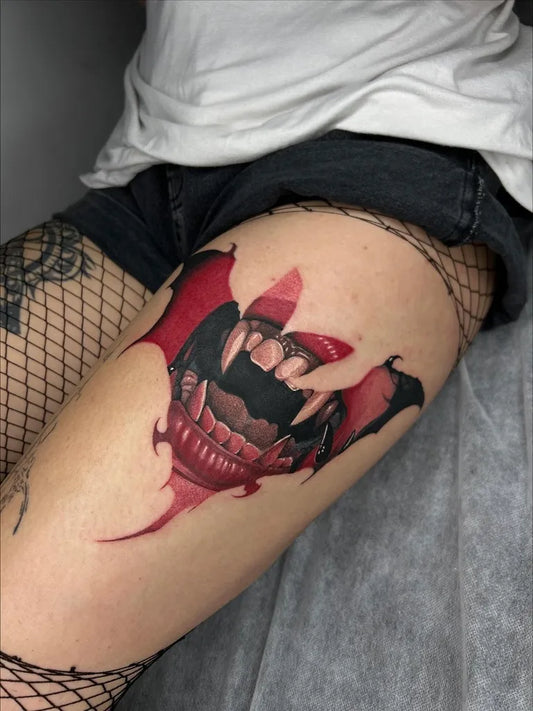 Medium Neo Traditional Bat Wings Tattoo on Women Thigh by @red_devil_tattoo_