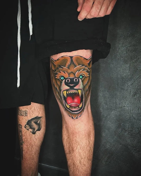 Medium Neo Traditional Bear on Men Thigh Tattoo by @officina72tattoostudio