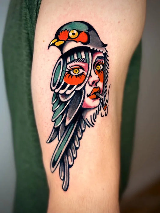 Medium Neo Traditional Bird Human Hybrid Tattoo on Men Upper Arm by @ynot.tat