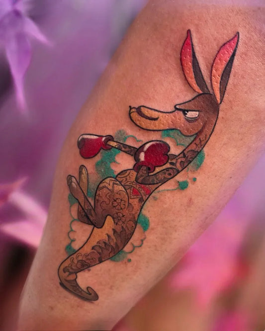 Medium Neo Traditional Boxing Kangaroo Cartoon Tattoo on Women Arm by @petjaevlogieva