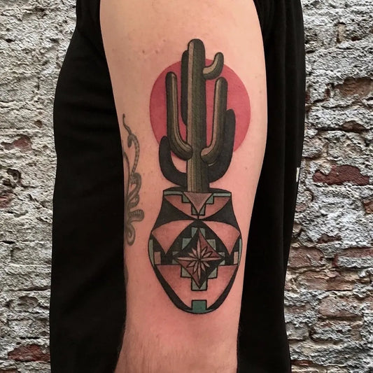 Medium Neo Traditional Cactus Pot Tattoo on Men Arm by @tattoosnob