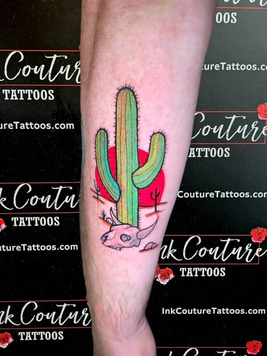 Medium Neo Traditional Cactus Skull Tattoo on Women Arm by @koatlone