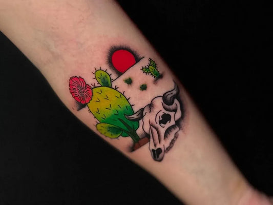 Medium Neo Traditional Cactus Skull Tattoo on Women Arm by @witcheshandtattoo