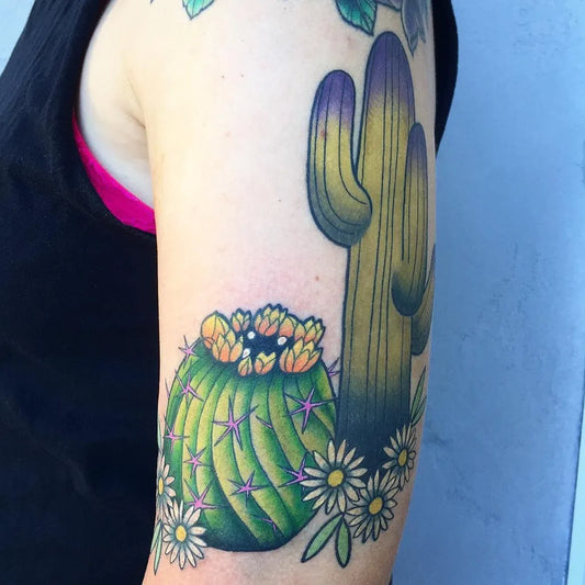 Medium Neo Traditional Cactus and Daisies Tattoo on Women Arm by @the_hideaway_tattoo