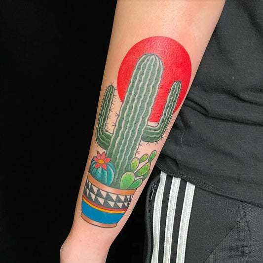 Medium Neo Traditional Cactus and Sun Tattoo on Women Arm by @girlinheavystorm