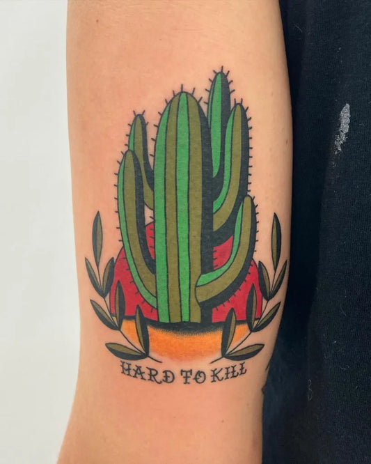 Medium Neo Traditional Cactus with Laurel and Text Tattoo on Women Arm by @amandabegonia