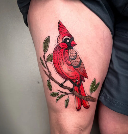 Medium Neo Traditional Cardinal Bird Tattoo on Women Thigh by @melaniesteinway