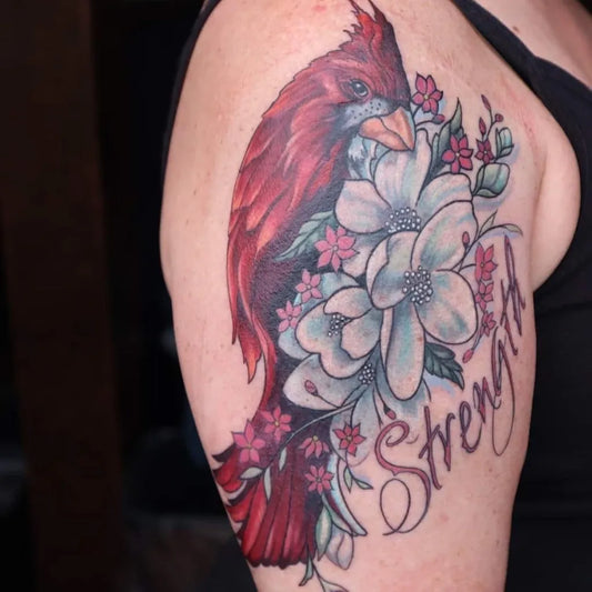 Medium Neo Traditional Cardinal and Magnolia Strength Women Shoulder Tattoo on by @destinationtattoolifestyle