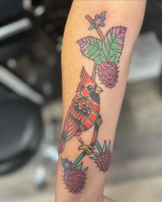 Medium Neo Traditional Cardinal and Raspberry Tattoo on Women Arm by @wickeddneedle