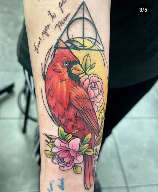 Medium Neo Traditional Cardinal and Roses Tattoo on Women Arm by @dropofinktattoo