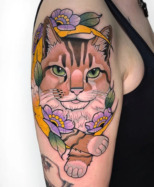Medium Neo Traditional Cat with Flowers Tattoo on Women Arm by @countyourblessings.tattoo