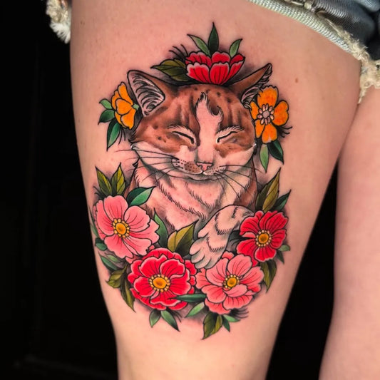 Medium Neo Traditional Cat with Flowers Tattoo on Women Thigh by @kayybunny