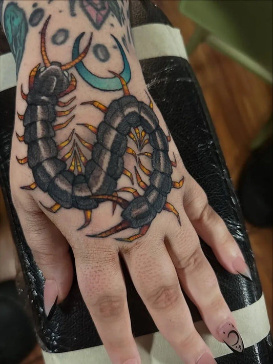 Medium Neo Traditional Centipede Moon Tattoo on Women Forearm by @katecrane