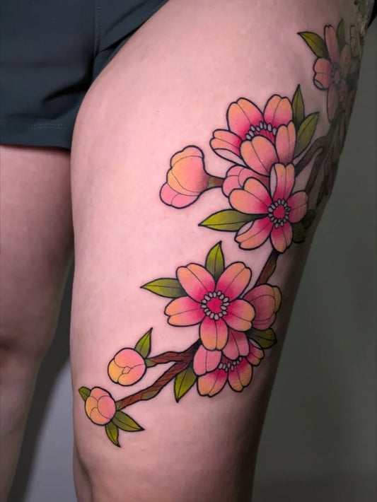 Medium Neo Traditional Cherry Blossom on Women Thigh Tattoo by @ellietattoos