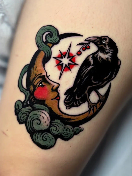 Medium Neo Traditional Crescent Moon Crow Tattoo on Women Arm by @westonimhoff