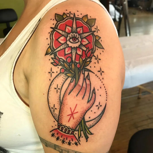 Medium Neo Traditional Crescent Moon Hand Flower Tattoo on Women Shoulder by @speakeasytat