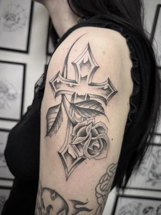 Medium Neo Traditional Cross Rose Leaves on Women Shoulder Tattoo by @sonnyrohantattoo