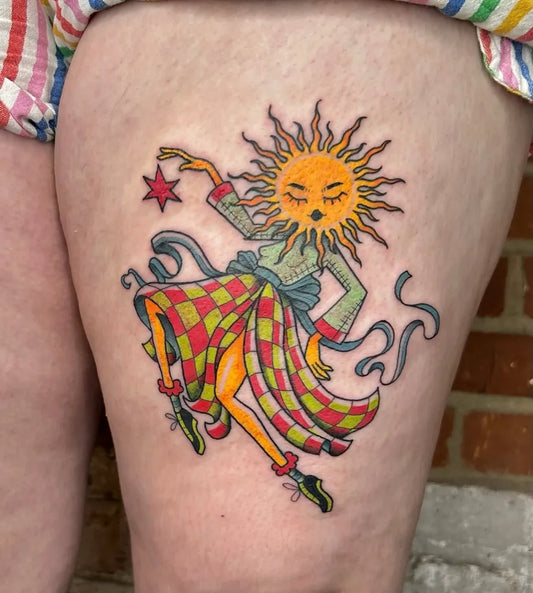Medium Neo Traditional Dancing Sun on Women Thigh Tattoo by @clovertattoolanc