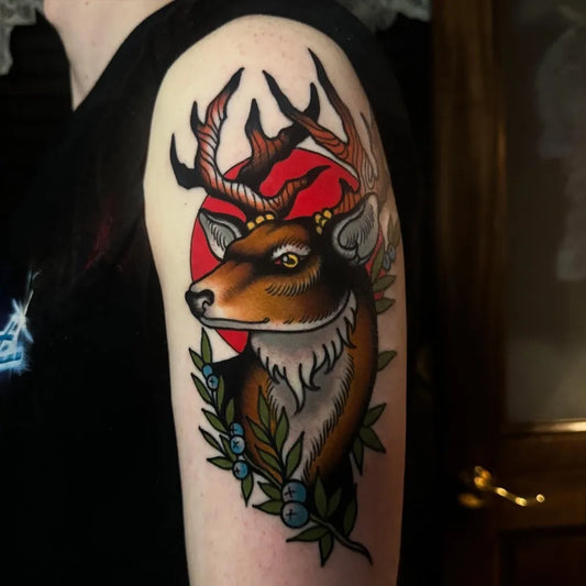 Medium Neo Traditional Deer with Sun and Berries Tattoo on Men Shoulder by @kmacktattoos