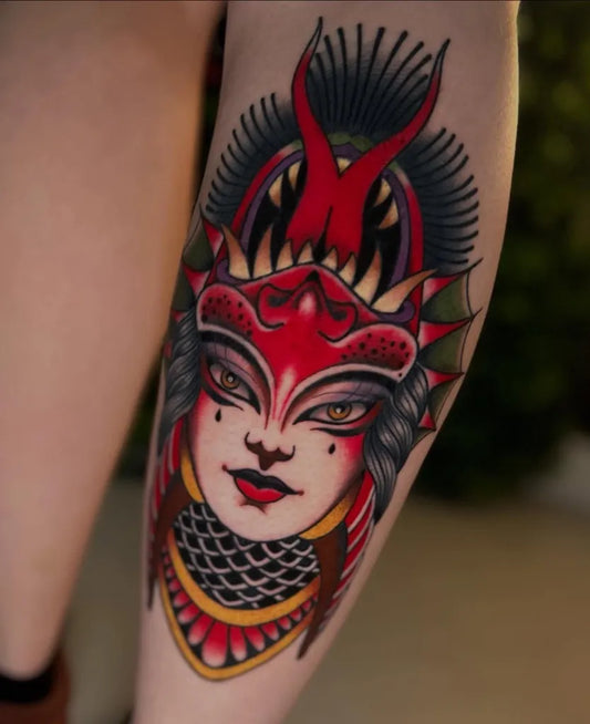 Medium Neo Traditional Demon Mask Tattoo on Women Thigh by @tokyotattoo