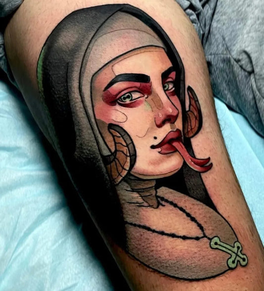 Medium Neo Traditional Demon Nun Tattoo on Women Arm by @remingtontattoo