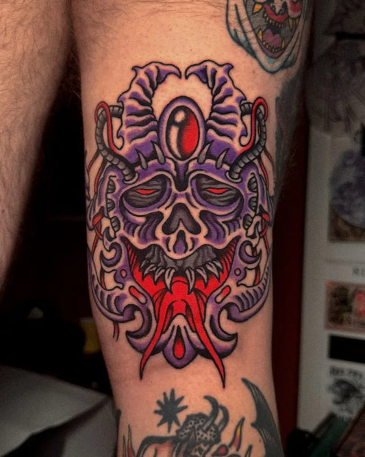 Medium Neo Traditional Demon Skull Horror Tattoo on Men Thigh by @alessandro_manomorta