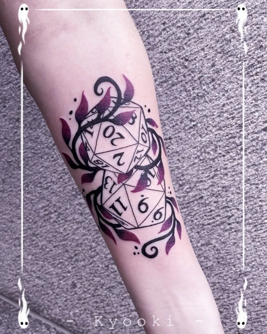 Medium Neo Traditional Dice and Floral Tattoo on Women Arm by @kyooki.ink