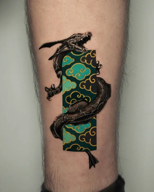 Medium Neo Traditional Dragon Tattoo on Men Leg by @mimique_tattoo