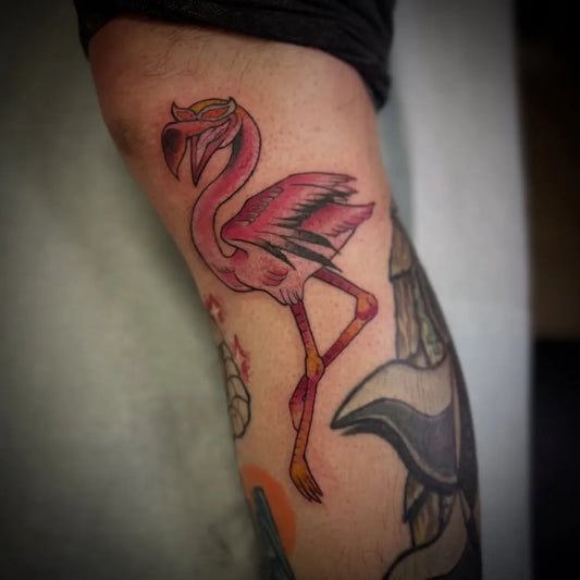 Medium Neo Traditional Flamingo Tattoo on Women Leg by @laceybtattoos