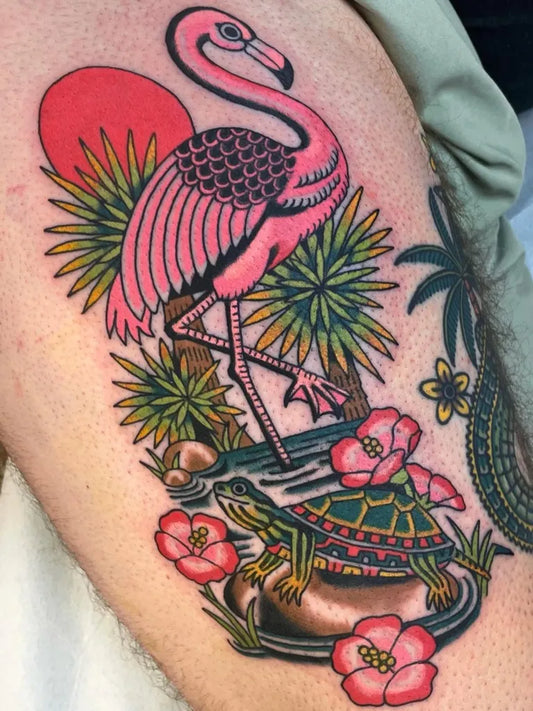 Medium Neo Traditional Flamingo Turtle Flowers Tattoo on Men Arm by @becca.lerner