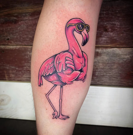Medium Neo Traditional Flamingo with Sunglasses Tattoo on Women Leg by @183ink