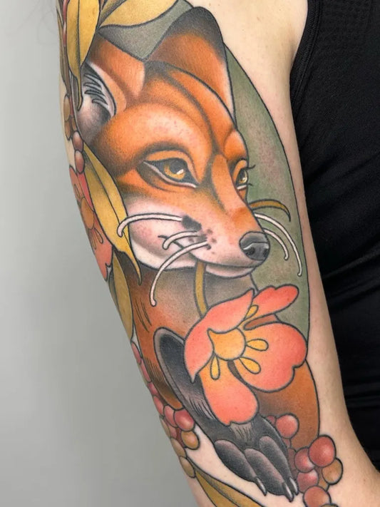 Medium Neo Traditional Fox and Flowers Tattoo on Women Arm by @_demidefranco
