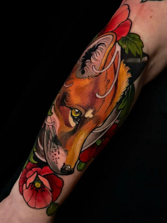 Medium Neo Traditional Fox and Poppies Tattoo on Women Arm by @monikabooo