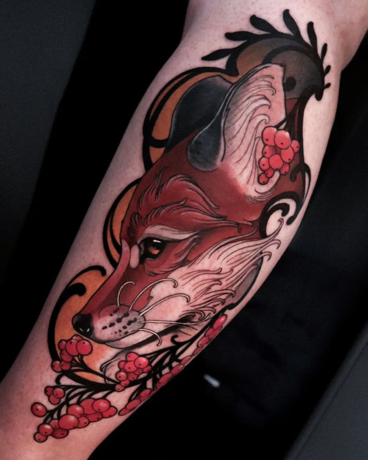 Medium Neo Traditional Fox with Berries Tattoo on Women Arm by @robin.kemper.tattoo
