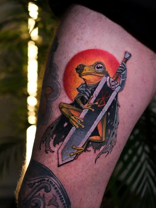 Medium Neo Traditional Frog Warrior with Sword Tattoo on Men Thigh by @ilyasotovtattoo