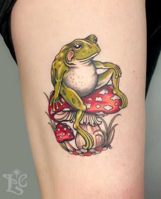 Medium Neo Traditional Frog and Mushroom Tattoo on Women Arm by @livcarotattoo