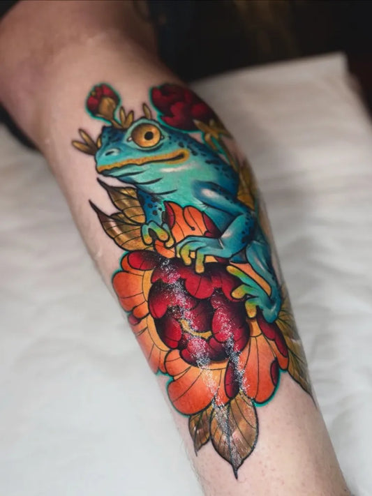 Medium Neo Traditional Frog and Peony Women Arm by @bisscuitstattoo