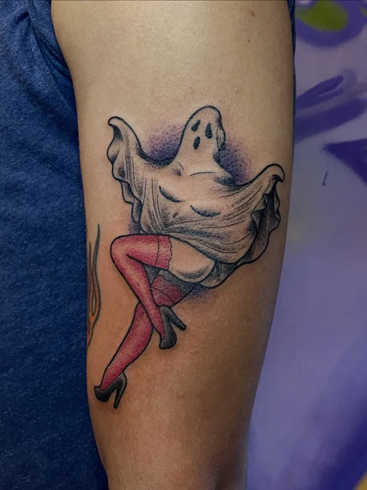 Medium Neo Traditional Ghost Pin Up Girl Tattoo on Women Arm by @hassamrabaj