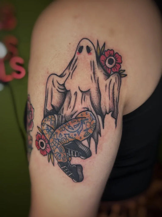 Medium Neo Traditional Ghost with Flowers and Converse Tattoo on Women Arm by @bunny.creates