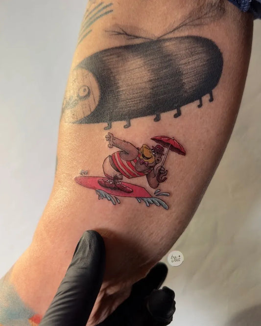 Medium Neo Traditional Gorilla Surfing Tattoo on Men Arm by @by_vas