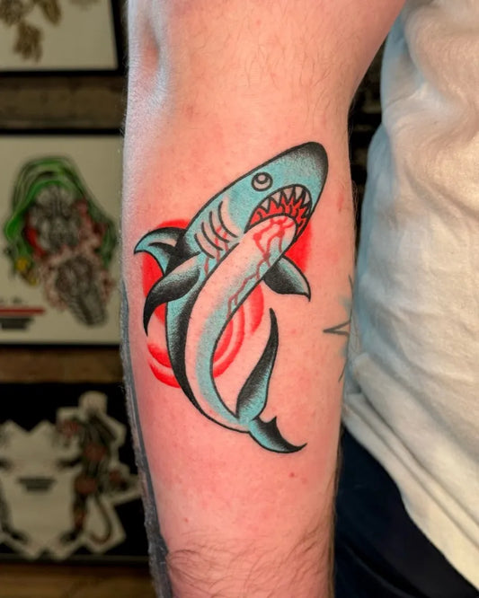 Medium Neo Traditional Great White Shark on Men Arm Tattoo by @zombieoncanvas
