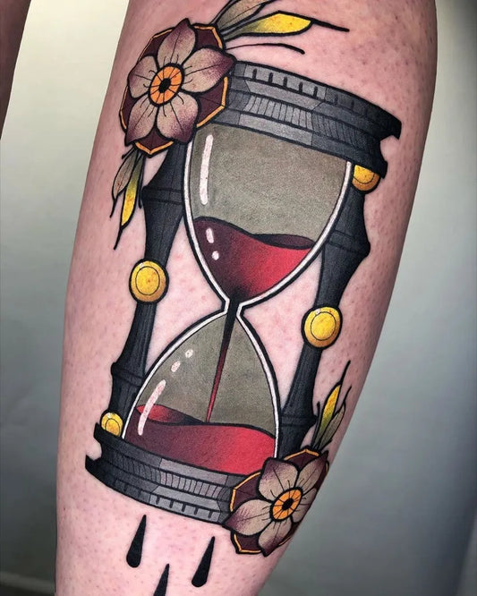 Medium Neo Traditional Hourglass and Flowers Tattoo on Women Arm by @tattoosnob