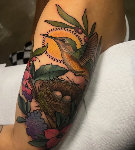 Medium Neo Traditional Hummingbird Nest on Women Shoulder Tattoo by @rennietattoo