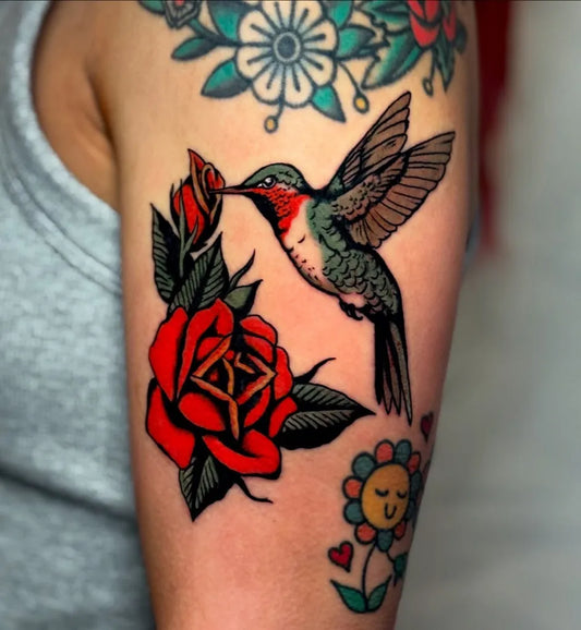 Medium Neo Traditional Hummingbird Roses Flowers on Women Arm Tattoo by @westonimhoff