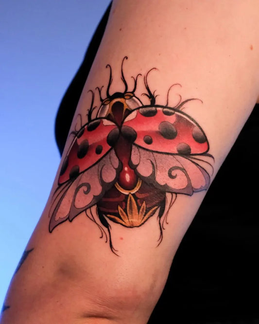 Medium Neo Traditional Ladybug and Gold Leaf Women Arm by @ofeliaoferma