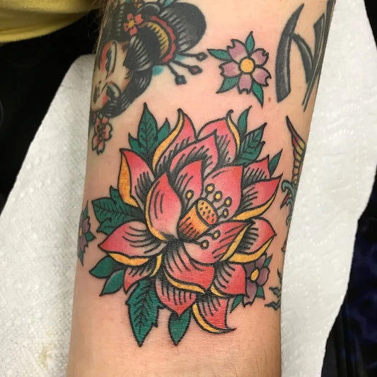 Medium Neo Traditional Lotus Flower on Women Arm Tattoo by @classic13tattoo
