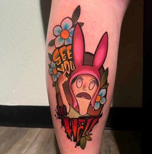 Medium Neo Traditional Louise Bunny Flowers Cartoon Tattoo on Women Thigh by @dredpool
