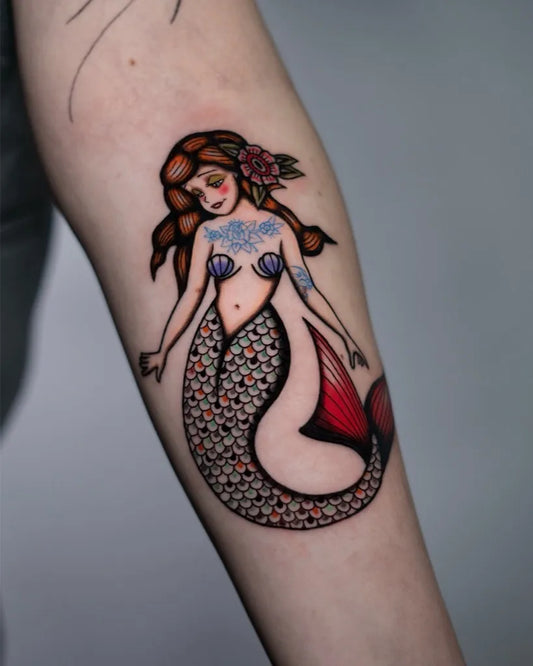 Medium Neo Traditional Mermaid Tattoo on Women Arm by @mario.palomino_