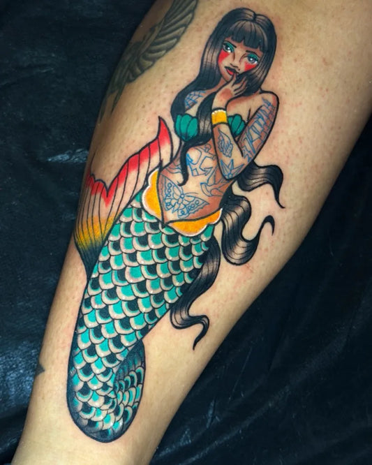 Medium Neo Traditional Mermaid Tattoo on Women Leg by @renot_aragontattoo